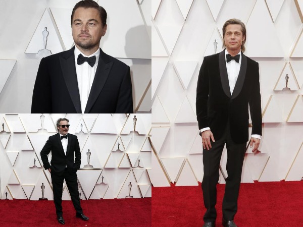 Actors Joaquin Phoenix, Leonardo DiCaprio, and Brad Pitt on the red carpet of Oscars 2020