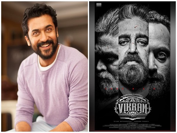 Suriya and poster of Vikram (Image source: Instagram)