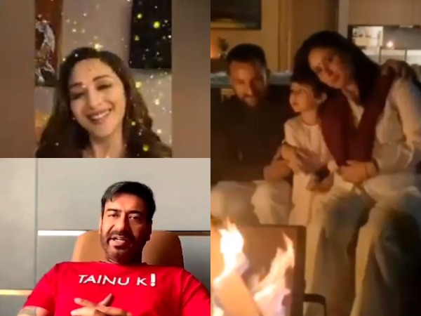 Actors Ajay Devgn, Madhuri Dixit Nene, and Kareena Kapoor Khan with Saif Ali Khan and son Taimur Ali Khan (Image Source: Instagram/Twitter)