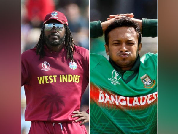West Indies opener Chris Gayle and Bangladesh all-rounder Shakib Al Hasan (L-R) 