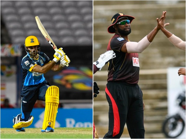 Barbados Tridents' Rashid Khan (L) and TKR skipper Kieron Pollard (R). (Photo/ CPL T20 Twitter)