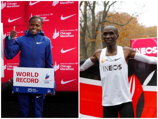 Brigid Kosgei (L) and Eliud Kipchoge (R)