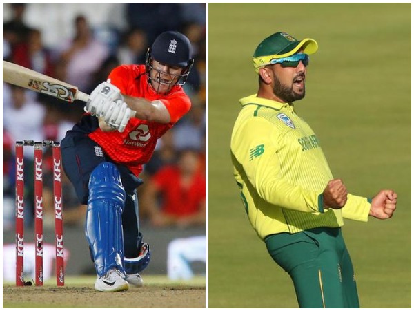 Eoin Morgan (L) and Tabraiz Shamsi (R)