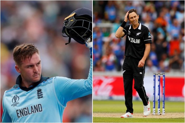 England's Jason Roy (L) and New Zealand's Trent Boult (R)