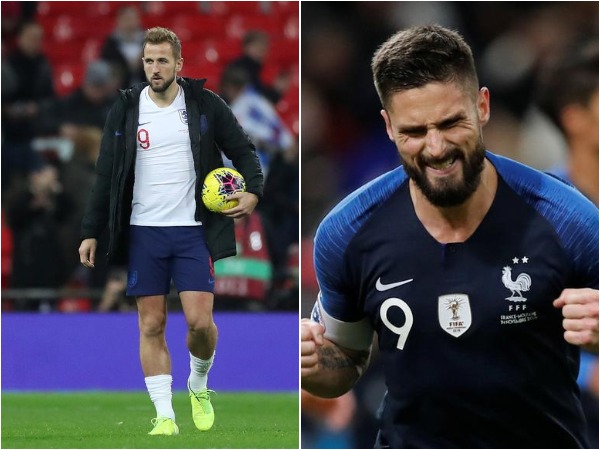 England's Harry Kane (L) and France's Olivier Giroud (R) 