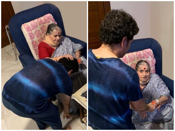 Sachin Tendulkar taking blessing from mother on his birthday. (Photo/Sachin Tendulkar Twitter)