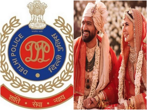 Delhi Police logo and Vicky Kaushal, Katrina Kaif