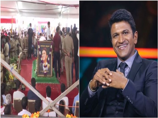 Fans at Kanteerava stadium in Bengaluru and late actor Puneeth Rajkumar 