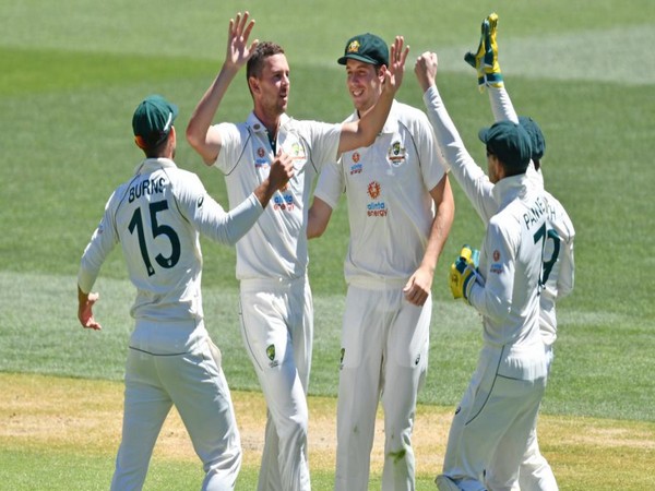 Australian players celebrating after taking a wicket in first Test. (Photo/ ICC Twitter)
