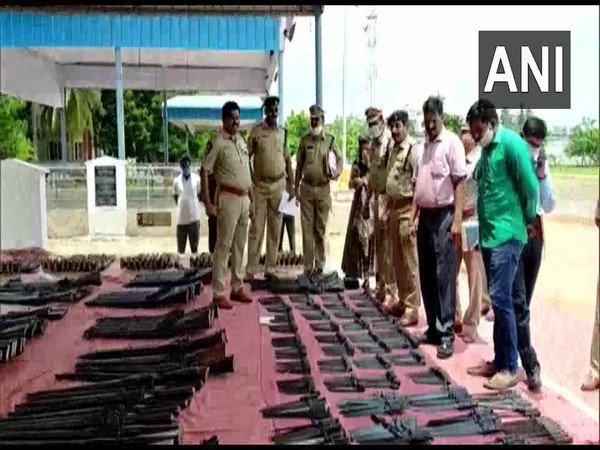 Police officials during annual verification of arms and ammunition in Krishna district. (Photo/ANI)