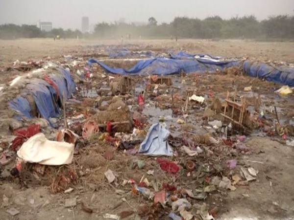 The leftovers in artificial ponds constructed by Delhi government for idol immersion. (Photo/ANI)