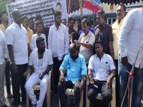 Protestors shave their heads in Puducherry on Sunday. Photo/ANI