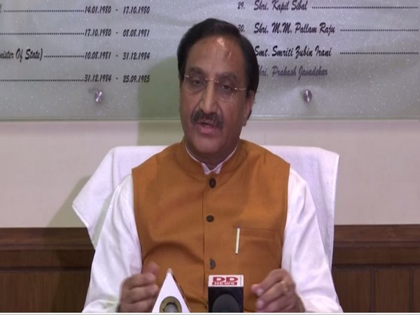 Union HRD Minister Ramesh Pokhriyal Nishank at a press conference in New Delhi on Thursday. Photo/ANI