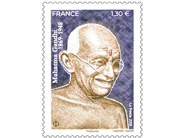 A postage stamp bearing the image of Mahatma Gandhi