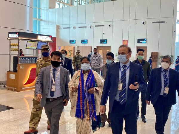 Union Minister of State for Social Justice and Empowerment, Pratima Bhoumik in Agartala airport. (Twitter photo)