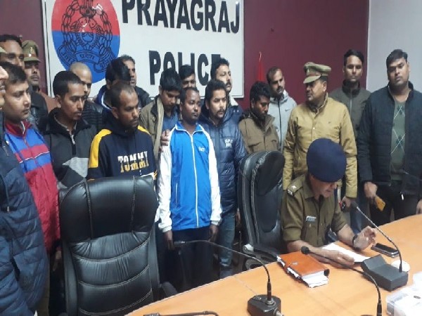 Exam question paper solver gang produced before media by police in Prayagraj, Uttar Pradesh on Wednesday. 