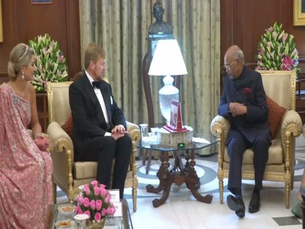 President Ram Nath Kovind with Dutch King Willem-Alexander and Queen Maxima at the Rashtrapati Bhawan in New Delhi on Monday.