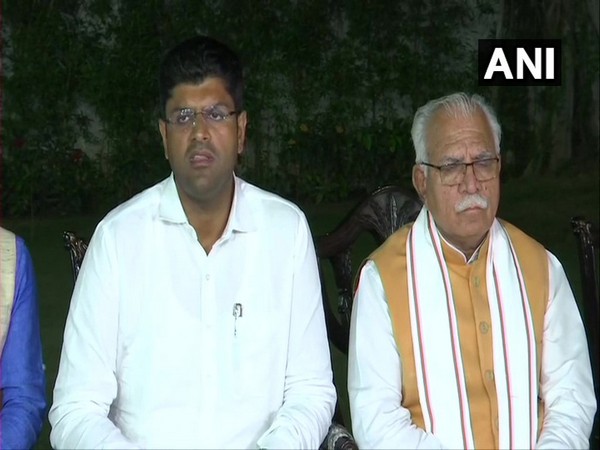 Haryana Chief Minister Manohar Lal Khattar and JJP chief Dushyant Chautala addressing press conference in New Delhi on Friday 