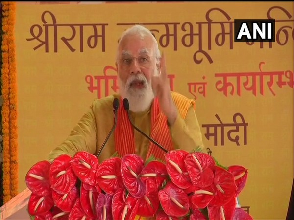 Prime Minister Narendra Modi speaking at the Ram Janmabhoomi site in Ayodhya on Wednesday. (Photo/ANI)