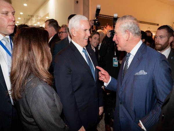    An image shared by Mike Pence's press secretary Katie Waldman on Twitter, showing Prince Charles and Mike Pence sharing a laugh at the World Holocaust Forum in Jerusalem