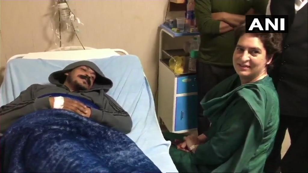 Priyanka Gandhi Vadra on Wednesday met Bhim army chief Chandrashekar Azad at a hospital in Meerut on Wednesday. Photo/ANI