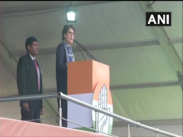 Congress leader Priyanka Gandhi Vadra addressing rally at Ramlila Maidan in New Delhi.