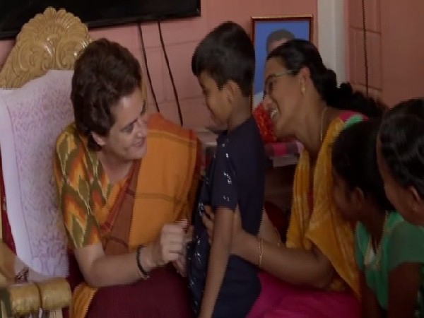 Congress leader Priyanka Gandhi Vadra meeting family members of Pulwama martyr in Wayanad, Kerala on Sunday. Photo/ANI