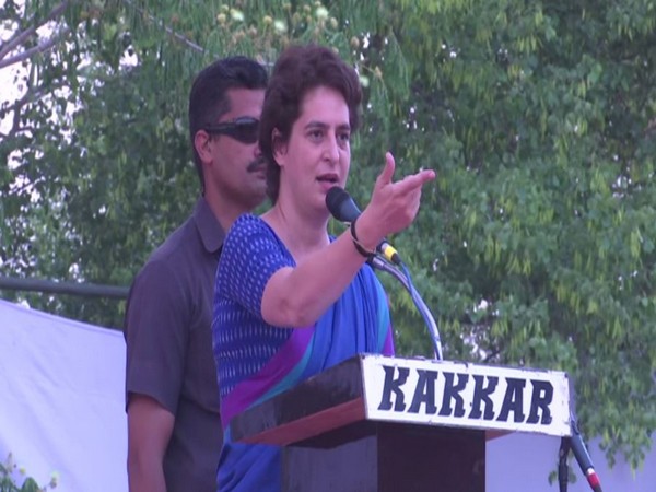 Congress leader Priyanka Gandhi Vadra at a public gathering in Raebareli on Monday. Photo/ANI