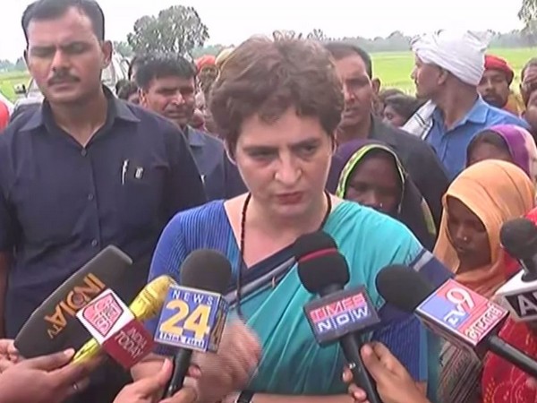 Priyanka Gandhi Vadra speaking to media in Sonbhadra, UP, on Tuesday. Photo/ANI