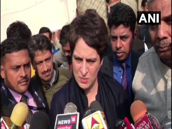 Priyanka Gandhi Vadra talking to media in Muzaffarnagar on Saturday 