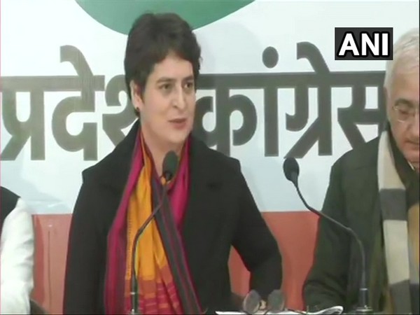 Priyanka Gandhi Vadra addressing a press conference in Lucknow on Monday.
