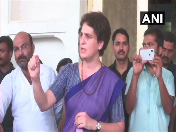 Congress general secretary Priyanka Gandhi addressing media persons at Chunnar Guest House in Mirzapur on July 19. (Photo/ANI)