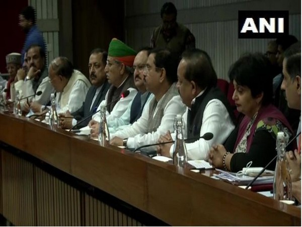 Parliamentary Affairs Minister Pralhad Joshi holds meeting in Parliament Library on Friday.