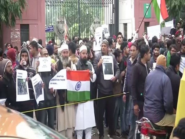 A protest was organised outside Jamia Millia Islamia University against the citizenship law on Tuesday. Photo/ANI