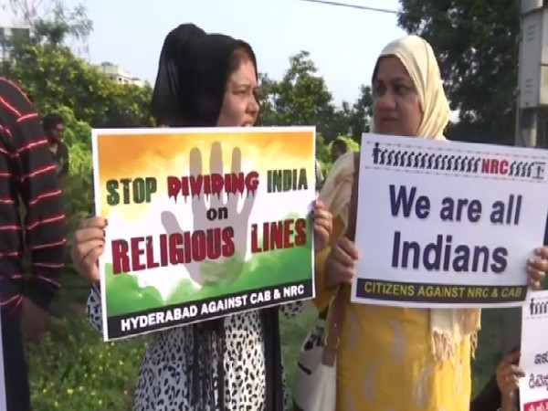 Protest in Hyderabad, Telangana on Sunday. Photo/ANI
