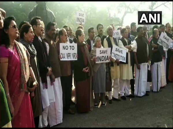 Several opposition leaders protested in front of the Gandhi Statue in Parliament premises on Friday
