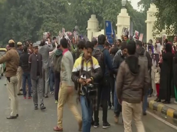 Group of people protesting near the US embassy in New Delhi against the killing of Qassem Soleimani