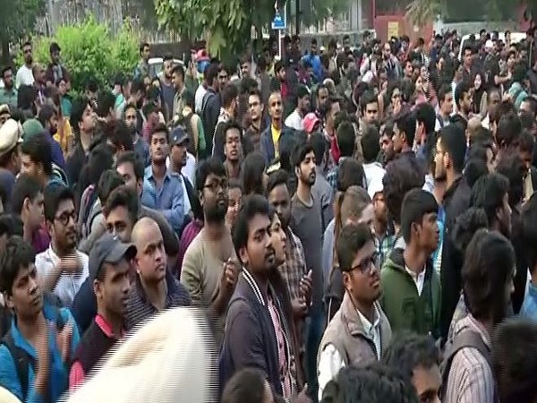 Protestors during the protest organised by JNUSU in New Delhi on Monday. Photo/ANI