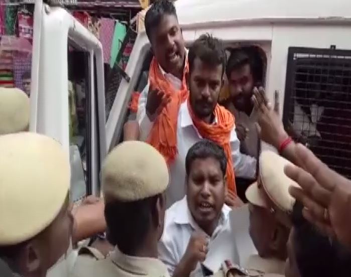 Activists of Maruthu Thiruvar Makkal Kazgham being detained by the police on Sunday. Photo/ANI