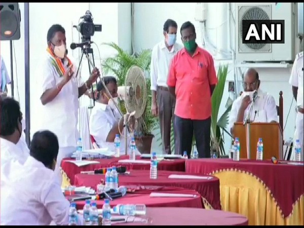 A picture of assembly session conducted outside the assembly hall in Puducherry. Photo/ANI 