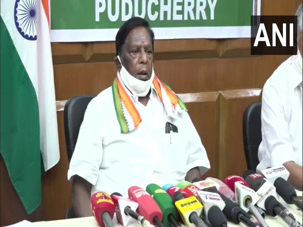 Puducherry Chief Minister V Narayanasamy addressing a press conference on Tuesday.