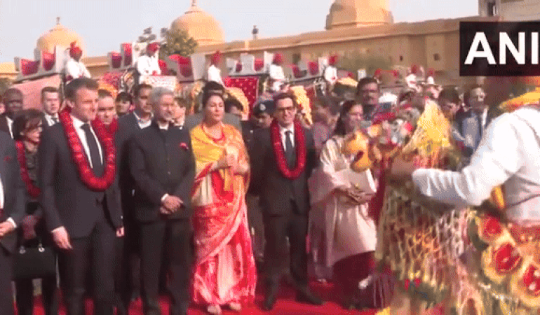 French President Emmanuel Macron in Jaipur. (Visuals: ANI)
