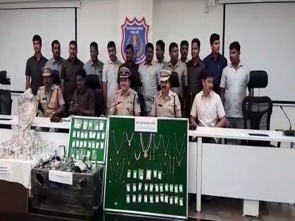 Telangana Police with the items recovered from the operation (Photo/ANI)