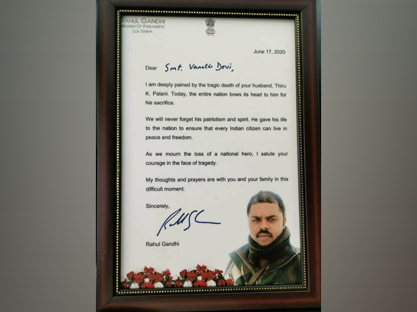 A copy of letter written by Congress leader Rahul Gandhi to one of the deceased Havildar Thiru K Palani's family (as shown in the picture).