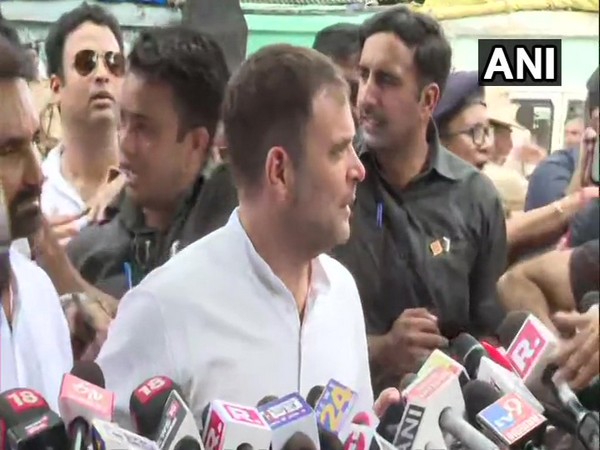 Rahul Gandhi speaking to reporters after coming out of court on Patna on Saturday.