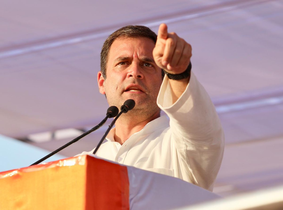 Image courtesy: INC Twitter. Congress President Rahul Gandhi addressing a public rally in Jabalpur on Tuesday. 