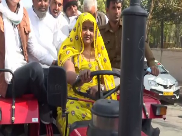 Bamanwas MLA Indira Meena reaches assembly on tractor. (Photo/ ANI)