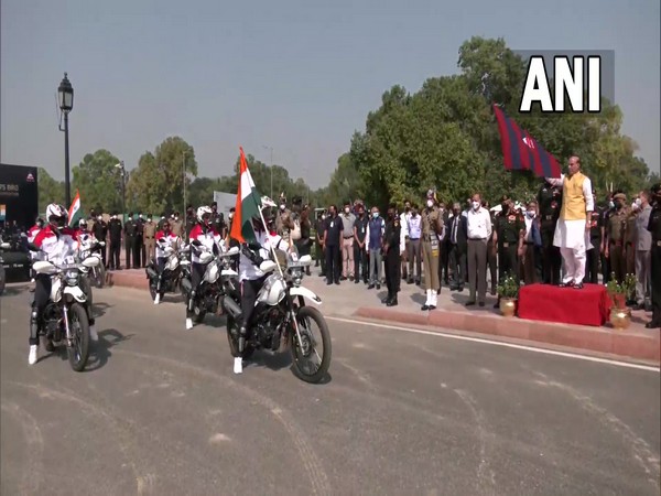 Defence Minister Rajnath Singh flags off Border Roads Organisation (BRO) motorcycle expedition. (Photo/ ANI)