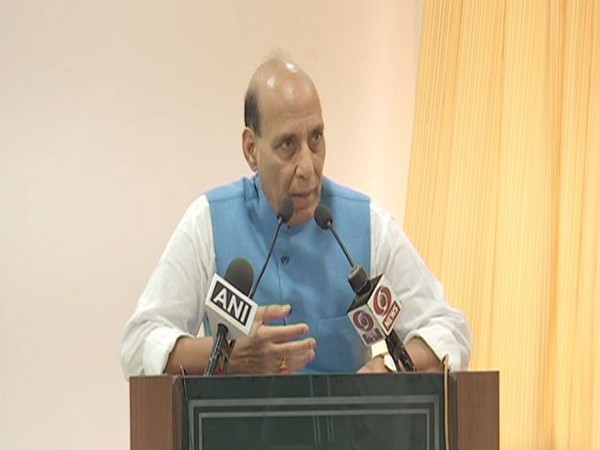 Defence Minister Rajnath Singh speaking in Visakhapatman on Sunday. Photo/ANI