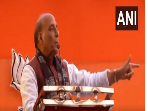 Rajnath Singh addressing a rally in Delhi on Tuesday. Photo/ANI